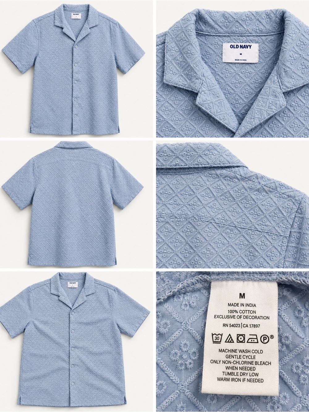 Old Navy Men’s Textured Camp Collar Shirt Medium Light Blue 100% Cotton